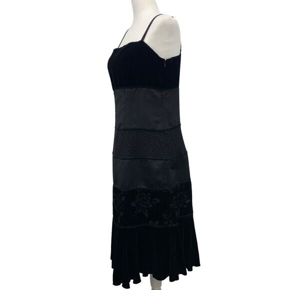 Vintage SZ 10 Black Midi Cocktail Dress Whimsigoth Velvet Silk Square Neck Goth - Picture 4 of 7